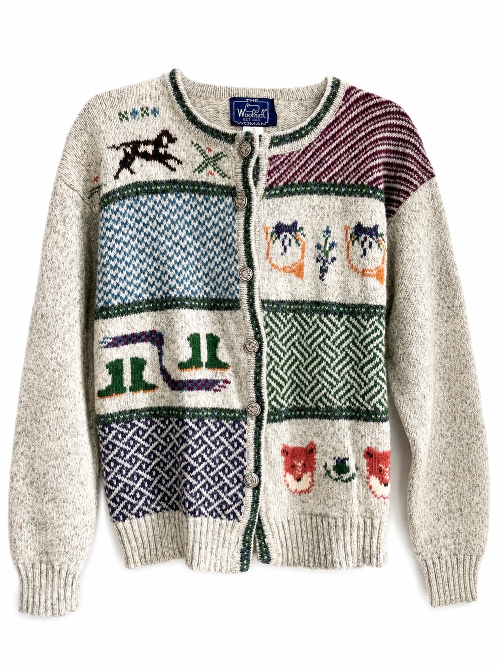 Vintage Style Woolrich Fair Isle Fox Wool Cardigan Woodland Country